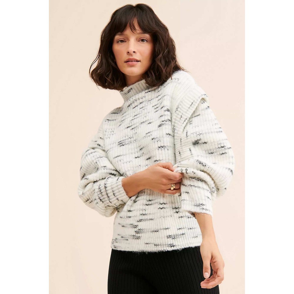 Varley Belgrave Dalmation Knit Mock Neck Sweater Balloon Sleeve Marled M Relaxed